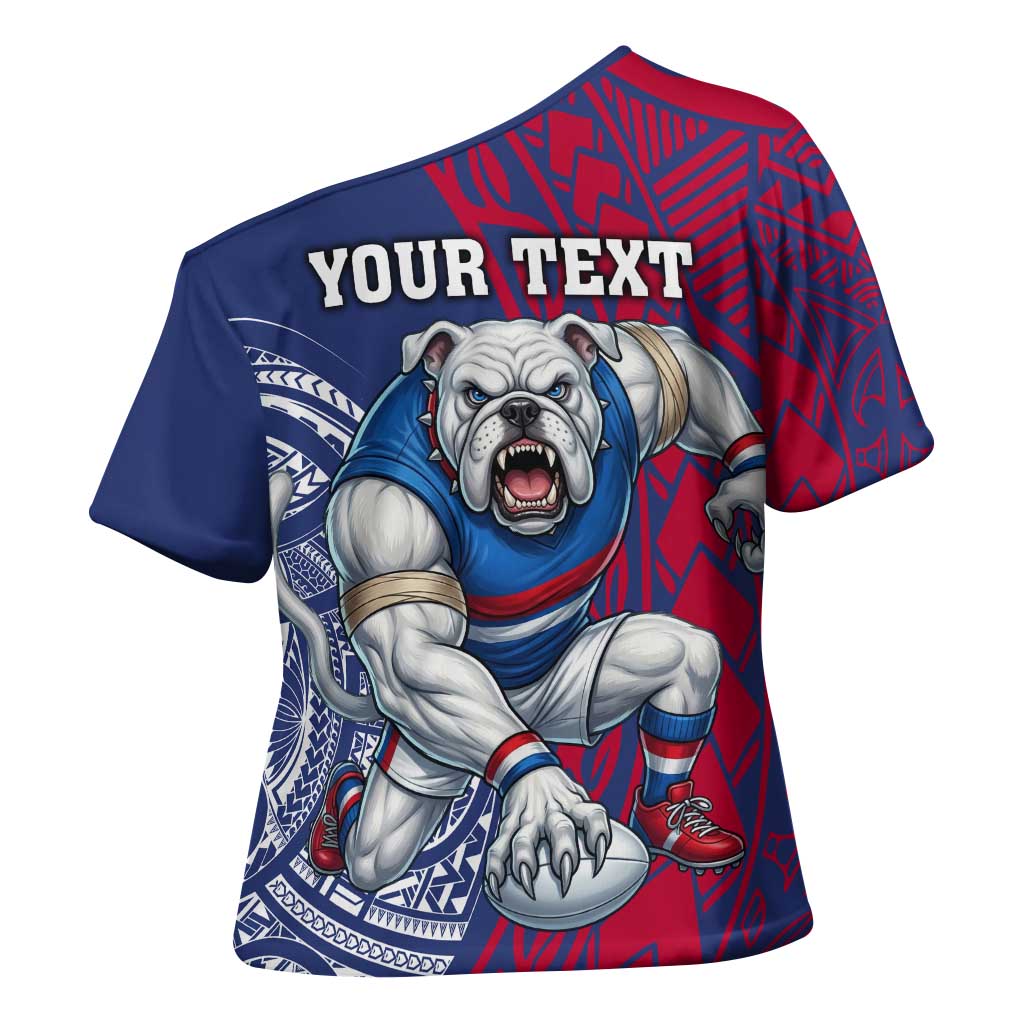 Personalised Western Bulldogs Mascot Cross Shoulder Shirt Polynesian Tribal Pattern Bold Bulldog Football
