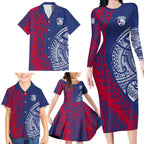 Personalised Western Bulldogs Mascot Family Matching Long Sleeve Bodycon Dress and Hawaiian Shirt Polynesian Tribal Pattern Bold Bulldog Football