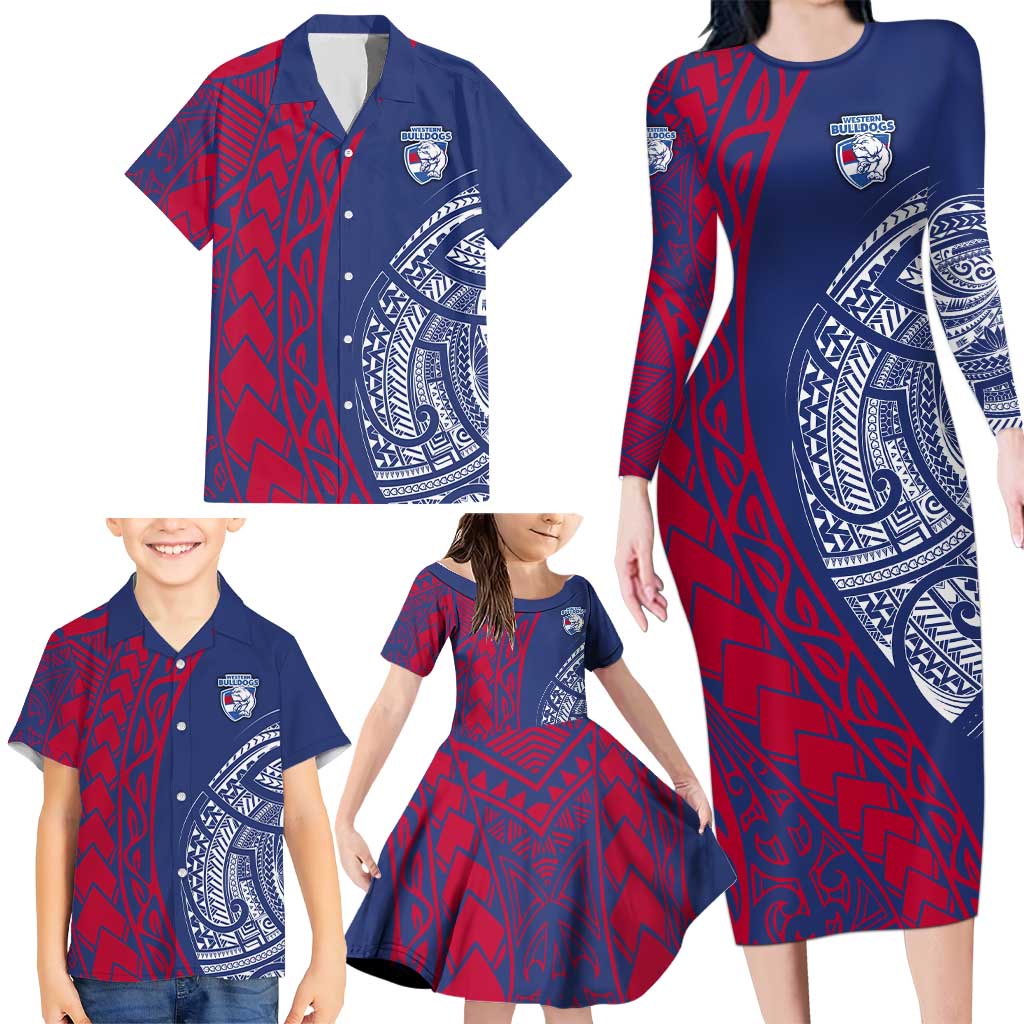 Personalised Western Bulldogs Mascot Family Matching Long Sleeve Bodycon Dress and Hawaiian Shirt Polynesian Tribal Pattern Bold Bulldog Football