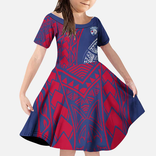 Personalised Western Bulldogs Mascot Family Matching Long Sleeve Bodycon Dress and Hawaiian Shirt Polynesian Tribal Pattern Bold Bulldog Football