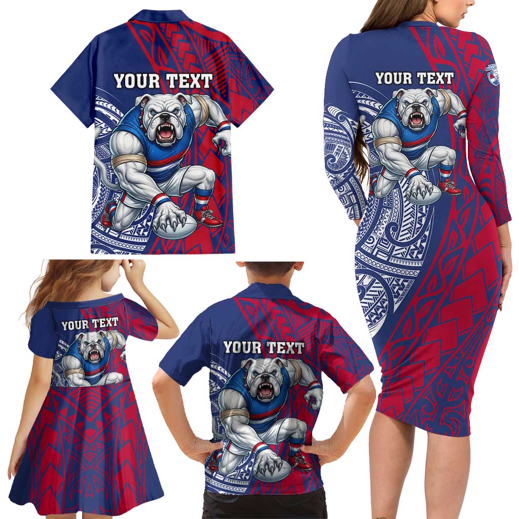 Personalised Western Bulldogs Mascot Family Matching Long Sleeve Bodycon Dress and Hawaiian Shirt Polynesian Tribal Pattern Bold Bulldog Football
