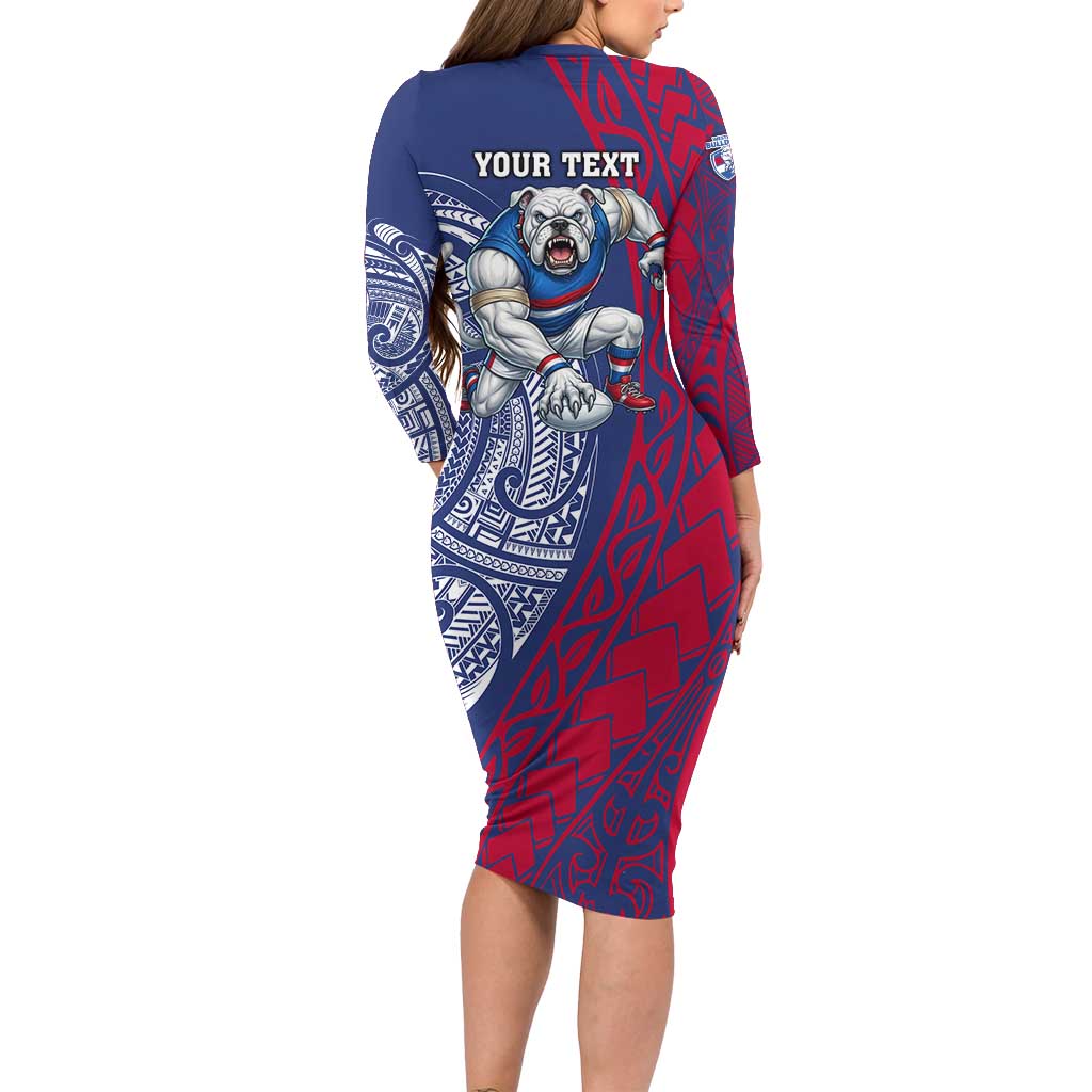 Personalised Western Bulldogs Mascot Family Matching Long Sleeve Bodycon Dress and Hawaiian Shirt Polynesian Tribal Pattern Bold Bulldog Football