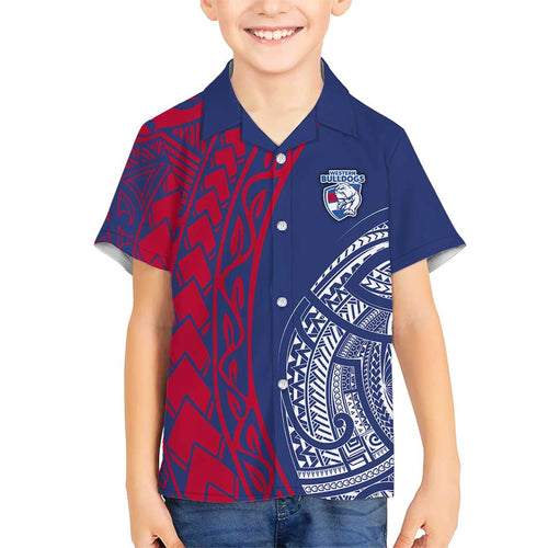 Personalised Western Bulldogs Mascot Family Matching Long Sleeve Bodycon Dress and Hawaiian Shirt Polynesian Tribal Pattern Bold Bulldog Football
