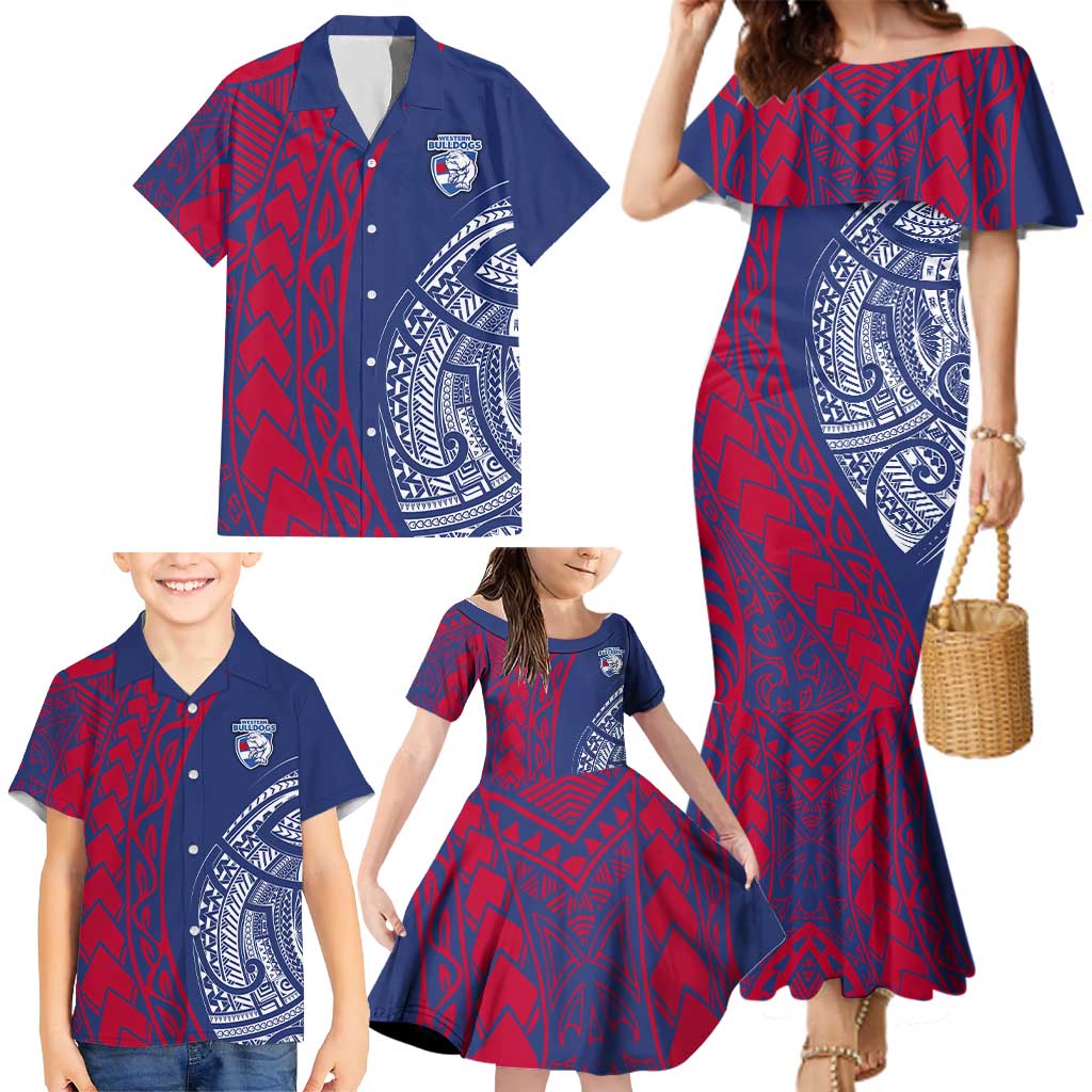 Personalised Western Bulldogs Mascot Family Matching Mermaid Dress and Hawaiian Shirt Polynesian Tribal Pattern Bold Bulldog Football