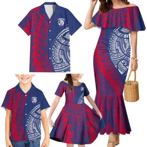 Personalised Western Bulldogs Mascot Family Matching Mermaid Dress and Hawaiian Shirt Polynesian Tribal Pattern Bold Bulldog Football