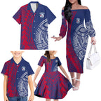 Personalised Western Bulldogs Mascot Family Matching Off The Shoulder Long Sleeve Dress and Hawaiian Shirt Polynesian Tribal Pattern Bold Bulldog Football