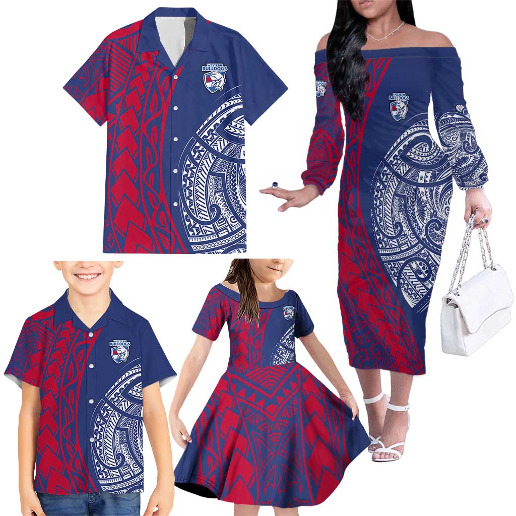 Personalised Western Bulldogs Mascot Family Matching Off The Shoulder Long Sleeve Dress and Hawaiian Shirt Polynesian Tribal Pattern Bold Bulldog Football