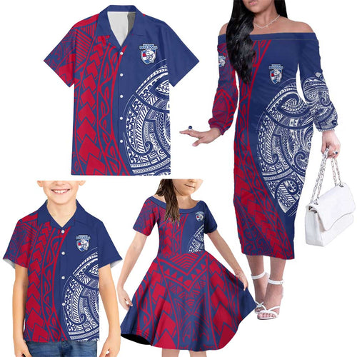 Personalised Western Bulldogs Mascot Family Matching Off The Shoulder Long Sleeve Dress and Hawaiian Shirt Polynesian Tribal Pattern Bold Bulldog Football