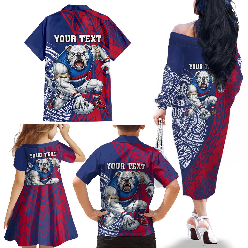 Personalised Western Bulldogs Mascot Family Matching Off The Shoulder Long Sleeve Dress and Hawaiian Shirt Polynesian Tribal Pattern Bold Bulldog Football