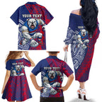 Personalised Western Bulldogs Mascot Family Matching Off The Shoulder Long Sleeve Dress and Hawaiian Shirt Polynesian Tribal Pattern Bold Bulldog Football