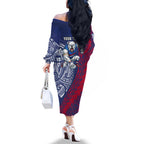 Personalised Western Bulldogs Mascot Family Matching Off The Shoulder Long Sleeve Dress and Hawaiian Shirt Polynesian Tribal Pattern Bold Bulldog Football