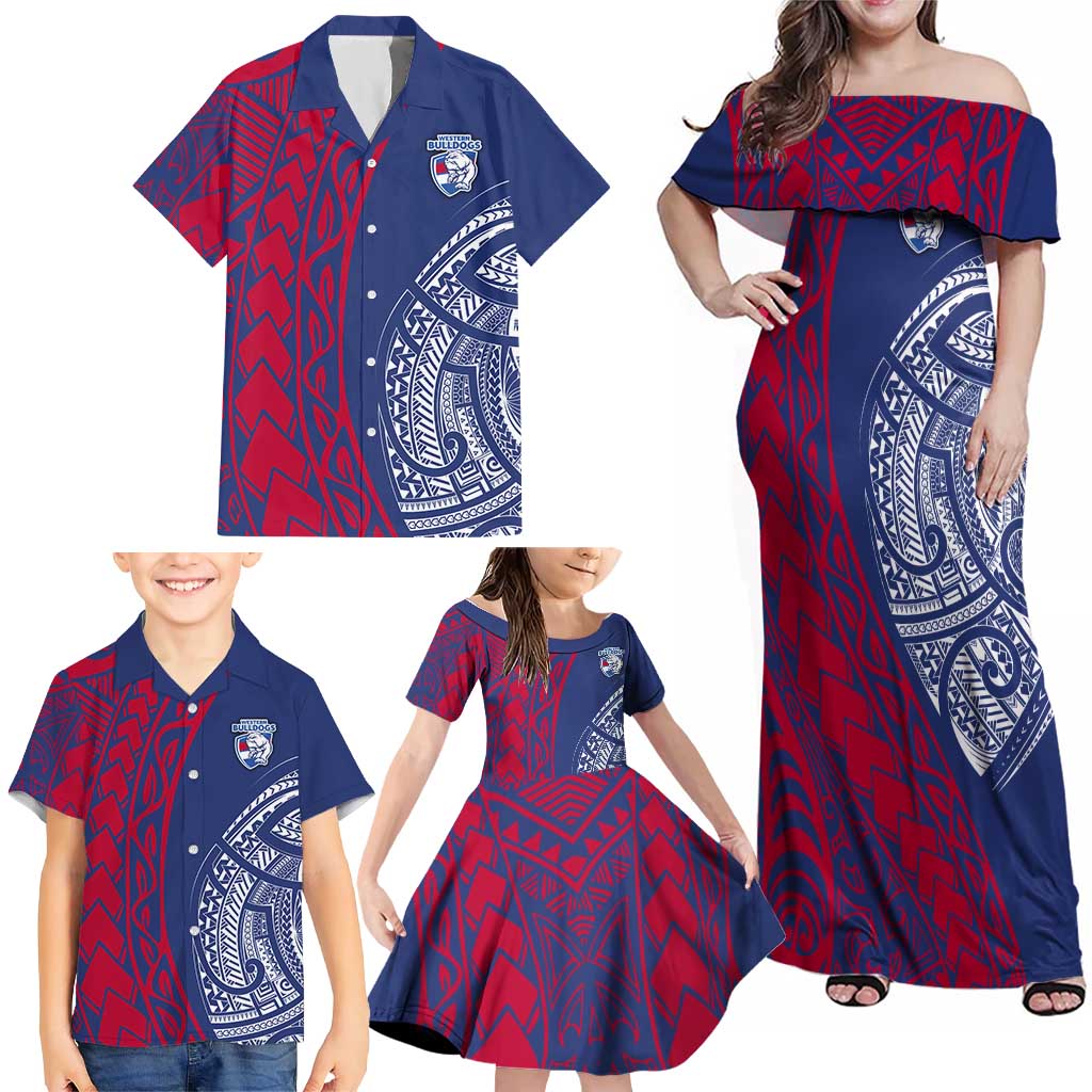Personalised Western Bulldogs Mascot Family Matching Off Shoulder Maxi Dress and Hawaiian Shirt Polynesian Tribal Pattern Bold Bulldog Football