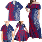 Personalised Western Bulldogs Mascot Family Matching Off Shoulder Maxi Dress and Hawaiian Shirt Polynesian Tribal Pattern Bold Bulldog Football