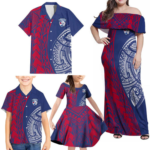 Personalised Western Bulldogs Mascot Family Matching Off Shoulder Maxi Dress and Hawaiian Shirt Polynesian Tribal Pattern Bold Bulldog Football