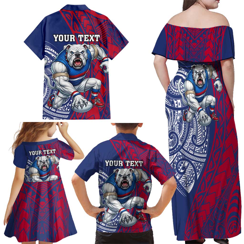 Personalised Western Bulldogs Mascot Family Matching Off Shoulder Maxi Dress and Hawaiian Shirt Polynesian Tribal Pattern Bold Bulldog Football