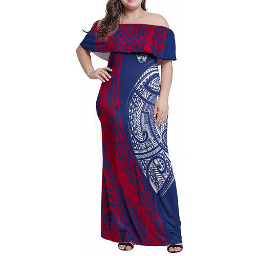 Personalised Western Bulldogs Mascot Family Matching Off Shoulder Maxi Dress and Hawaiian Shirt Polynesian Tribal Pattern Bold Bulldog Football