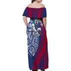 Personalised Western Bulldogs Mascot Family Matching Off Shoulder Maxi Dress and Hawaiian Shirt Polynesian Tribal Pattern Bold Bulldog Football