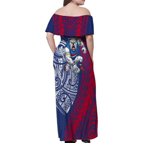 Personalised Western Bulldogs Mascot Family Matching Off Shoulder Maxi Dress and Hawaiian Shirt Polynesian Tribal Pattern Bold Bulldog Football