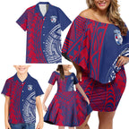Personalised Western Bulldogs Mascot Family Matching Off Shoulder Short Dress and Hawaiian Shirt Polynesian Tribal Pattern Bold Bulldog Football