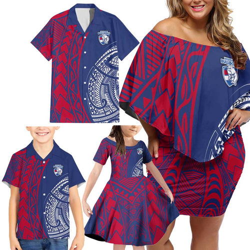 Personalised Western Bulldogs Mascot Family Matching Off Shoulder Short Dress and Hawaiian Shirt Polynesian Tribal Pattern Bold Bulldog Football