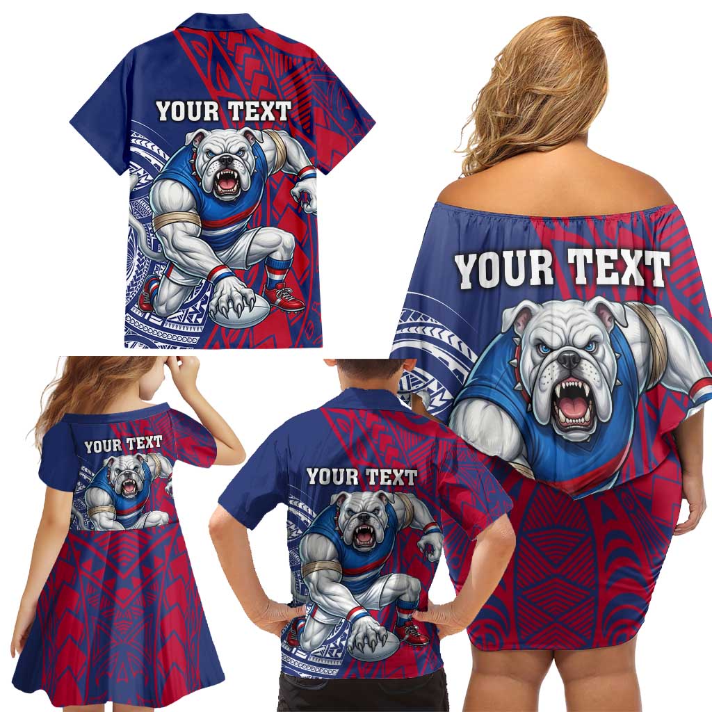 Personalised Western Bulldogs Mascot Family Matching Off Shoulder Short Dress and Hawaiian Shirt Polynesian Tribal Pattern Bold Bulldog Football