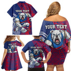 Personalised Western Bulldogs Mascot Family Matching Off Shoulder Short Dress and Hawaiian Shirt Polynesian Tribal Pattern Bold Bulldog Football