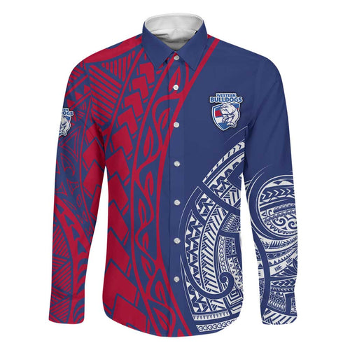 Personalised Western Bulldogs Mascot Family Matching Off Shoulder Short Dress and Hawaiian Shirt Polynesian Tribal Pattern Bold Bulldog Football