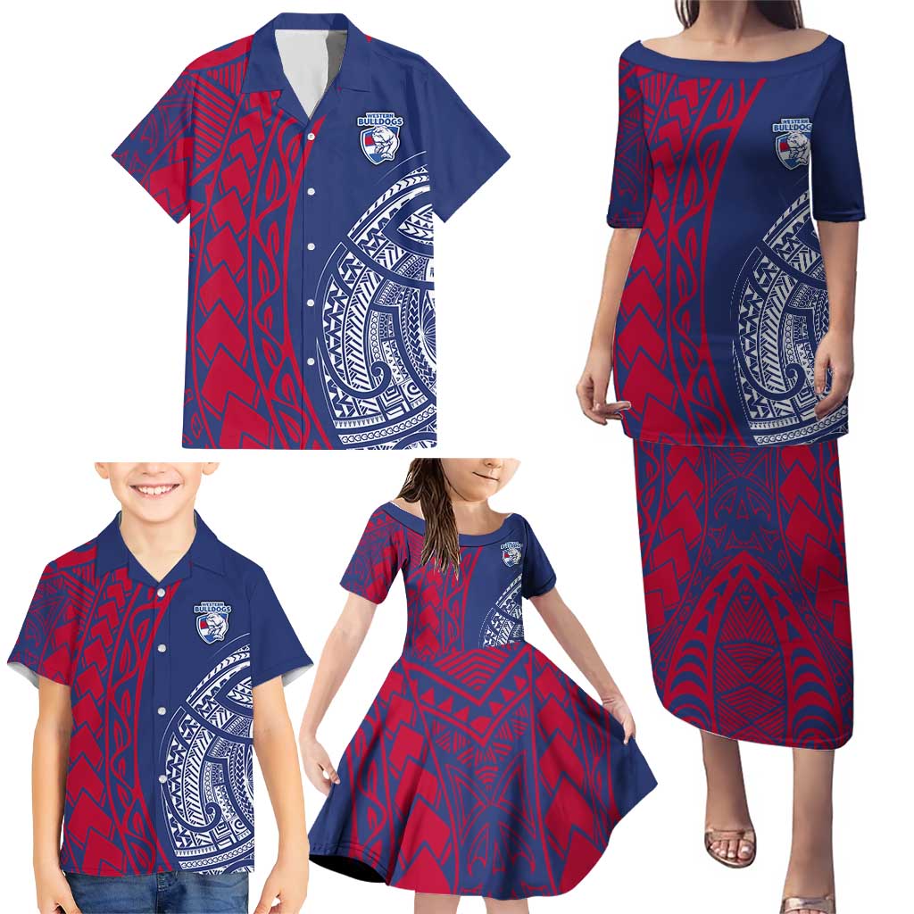 Personalised Western Bulldogs Mascot Family Matching Puletasi and Hawaiian Shirt Polynesian Tribal Pattern Bold Bulldog Football