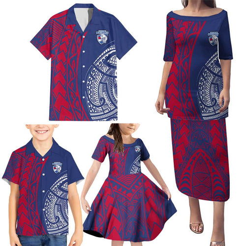 Personalised Western Bulldogs Mascot Family Matching Puletasi and Hawaiian Shirt Polynesian Tribal Pattern Bold Bulldog Football