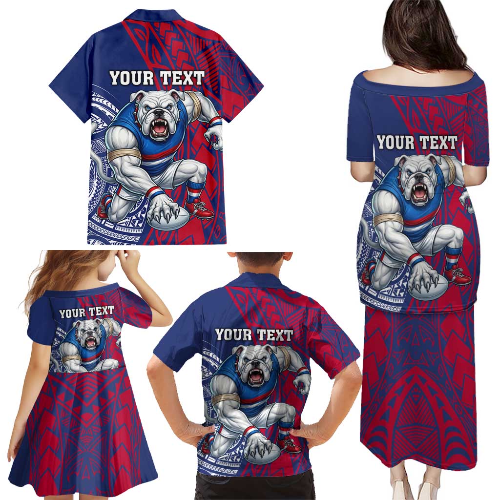 Personalised Western Bulldogs Mascot Family Matching Puletasi and Hawaiian Shirt Polynesian Tribal Pattern Bold Bulldog Football