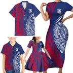 Personalised Western Bulldogs Mascot Family Matching Short Sleeve Bodycon Dress and Hawaiian Shirt Polynesian Tribal Pattern Bold Bulldog Football