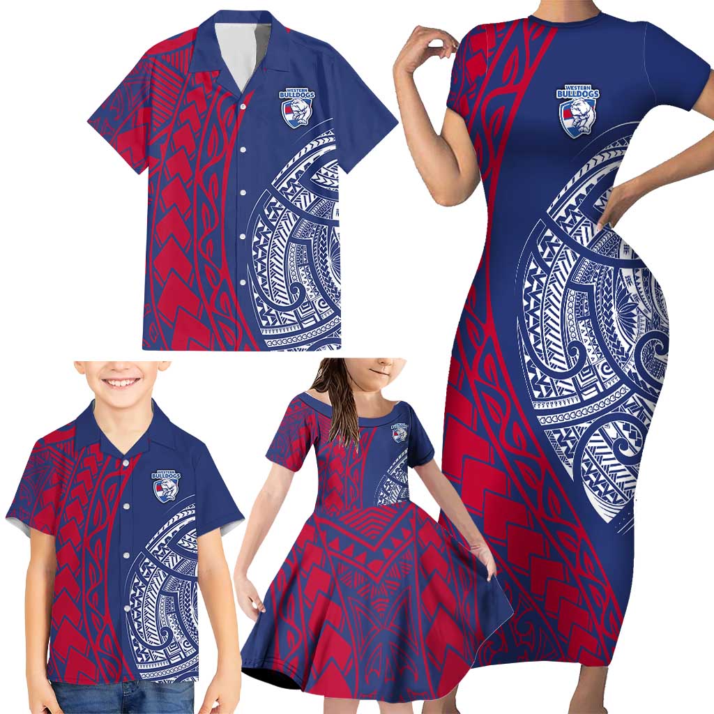 Personalised Western Bulldogs Mascot Family Matching Short Sleeve Bodycon Dress and Hawaiian Shirt Polynesian Tribal Pattern Bold Bulldog Football