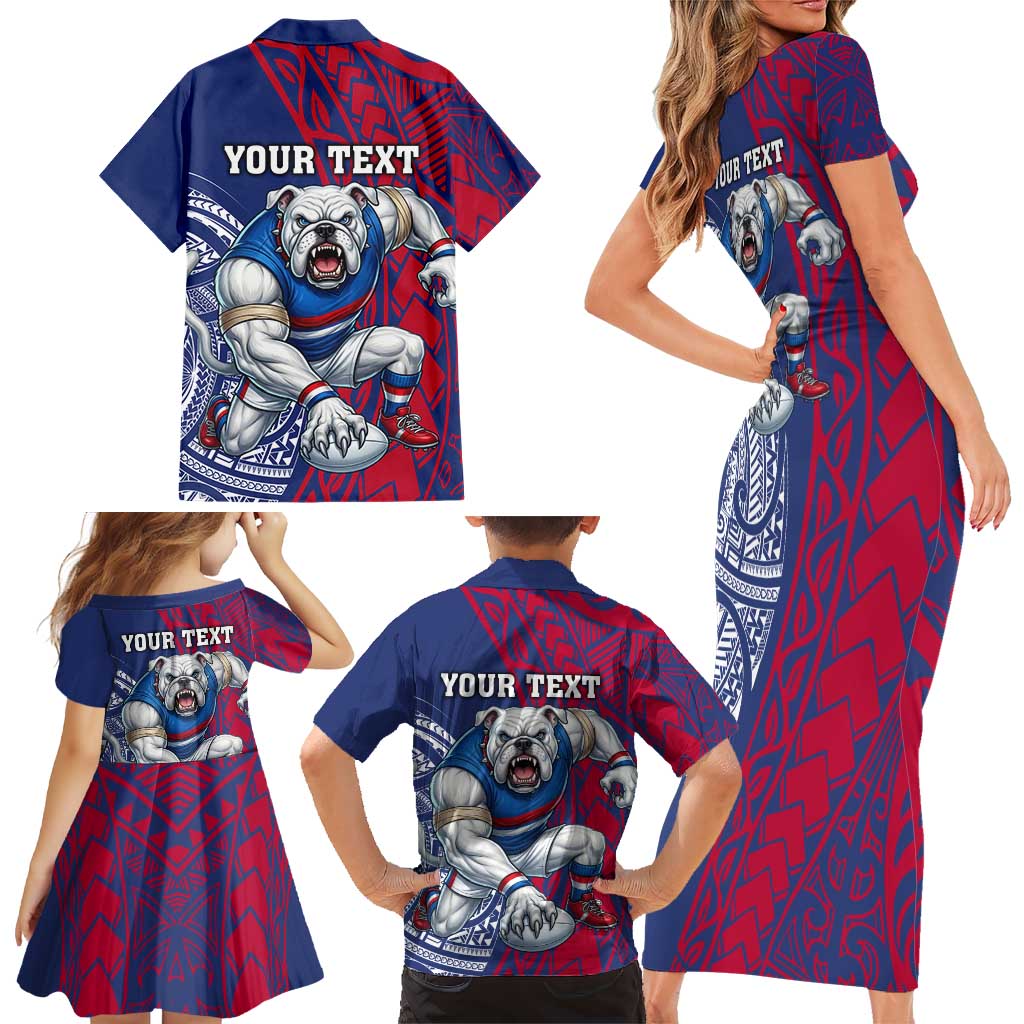 Personalised Western Bulldogs Mascot Family Matching Short Sleeve Bodycon Dress and Hawaiian Shirt Polynesian Tribal Pattern Bold Bulldog Football