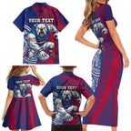 Personalised Western Bulldogs Mascot Family Matching Short Sleeve Bodycon Dress and Hawaiian Shirt Polynesian Tribal Pattern Bold Bulldog Football
