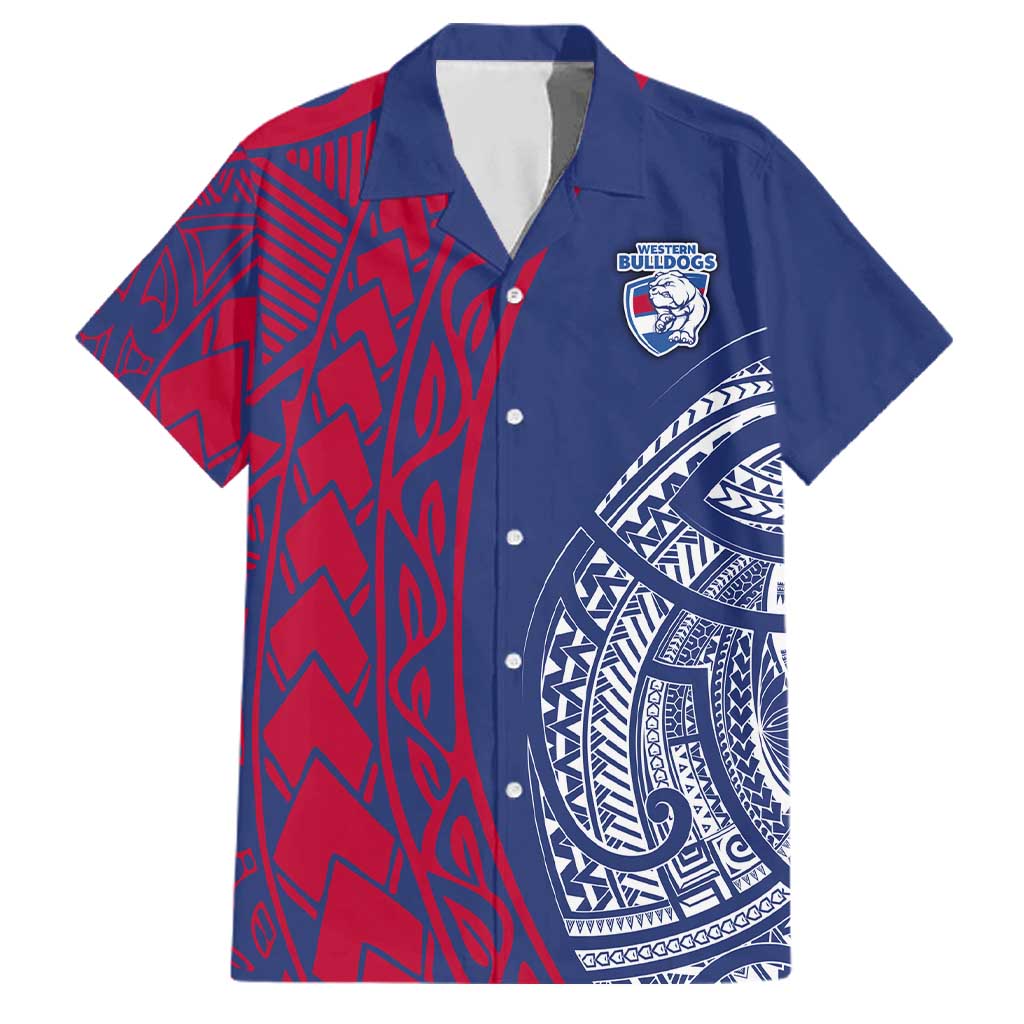 Personalised Western Bulldogs Mascot Family Matching Short Sleeve Bodycon Dress and Hawaiian Shirt Polynesian Tribal Pattern Bold Bulldog Football
