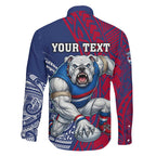 Personalised Western Bulldogs Mascot Family Matching Short Sleeve Bodycon Dress and Hawaiian Shirt Polynesian Tribal Pattern Bold Bulldog Football