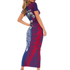 Personalised Western Bulldogs Mascot Family Matching Short Sleeve Bodycon Dress and Hawaiian Shirt Polynesian Tribal Pattern Bold Bulldog Football