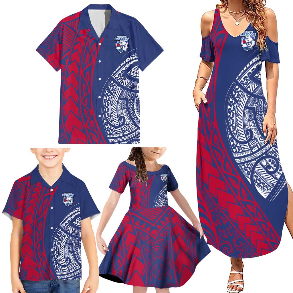 Personalised Western Bulldogs Mascot Family Matching Summer Maxi Dress and Hawaiian Shirt Polynesian Tribal Pattern Bold Bulldog Football