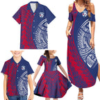 Personalised Western Bulldogs Mascot Family Matching Summer Maxi Dress and Hawaiian Shirt Polynesian Tribal Pattern Bold Bulldog Football