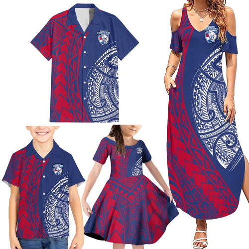 Personalised Western Bulldogs Mascot Family Matching Summer Maxi Dress and Hawaiian Shirt Polynesian Tribal Pattern Bold Bulldog Football