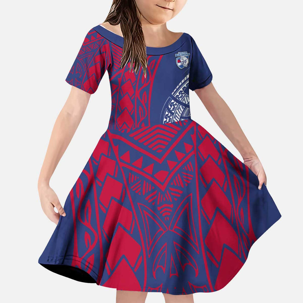 Personalised Western Bulldogs Mascot Kid Short Sleeve Dress Polynesian Tribal Pattern Bold Bulldog Football