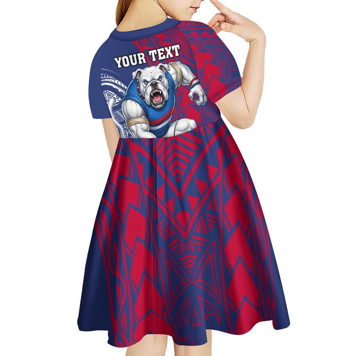 Personalised Western Bulldogs Mascot Kid Short Sleeve Dress Polynesian Tribal Pattern Bold Bulldog Football