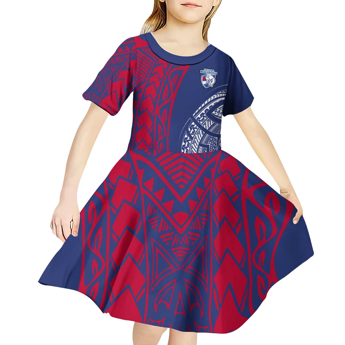 Personalised Western Bulldogs Mascot Kid Short Sleeve Dress Polynesian Tribal Pattern Bold Bulldog Football