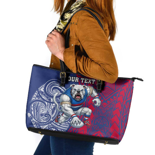 Personalised Western Bulldogs Mascot Leather Tote Bag Polynesian Tribal Pattern Bold Bulldog Football