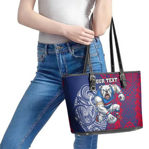 Personalised Western Bulldogs Mascot Leather Tote Bag Polynesian Tribal Pattern Bold Bulldog Football