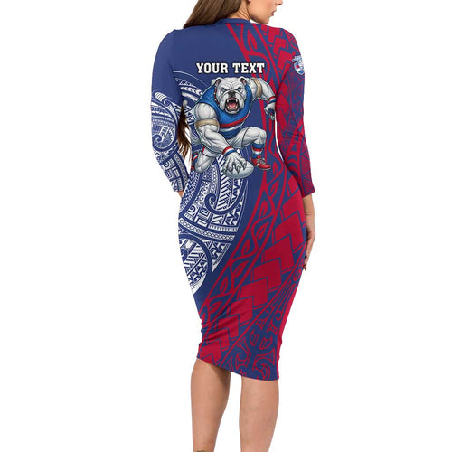 Personalised Western Bulldogs Mascot Long Sleeve Bodycon Dress Polynesian Tribal Pattern Bold Bulldog Football