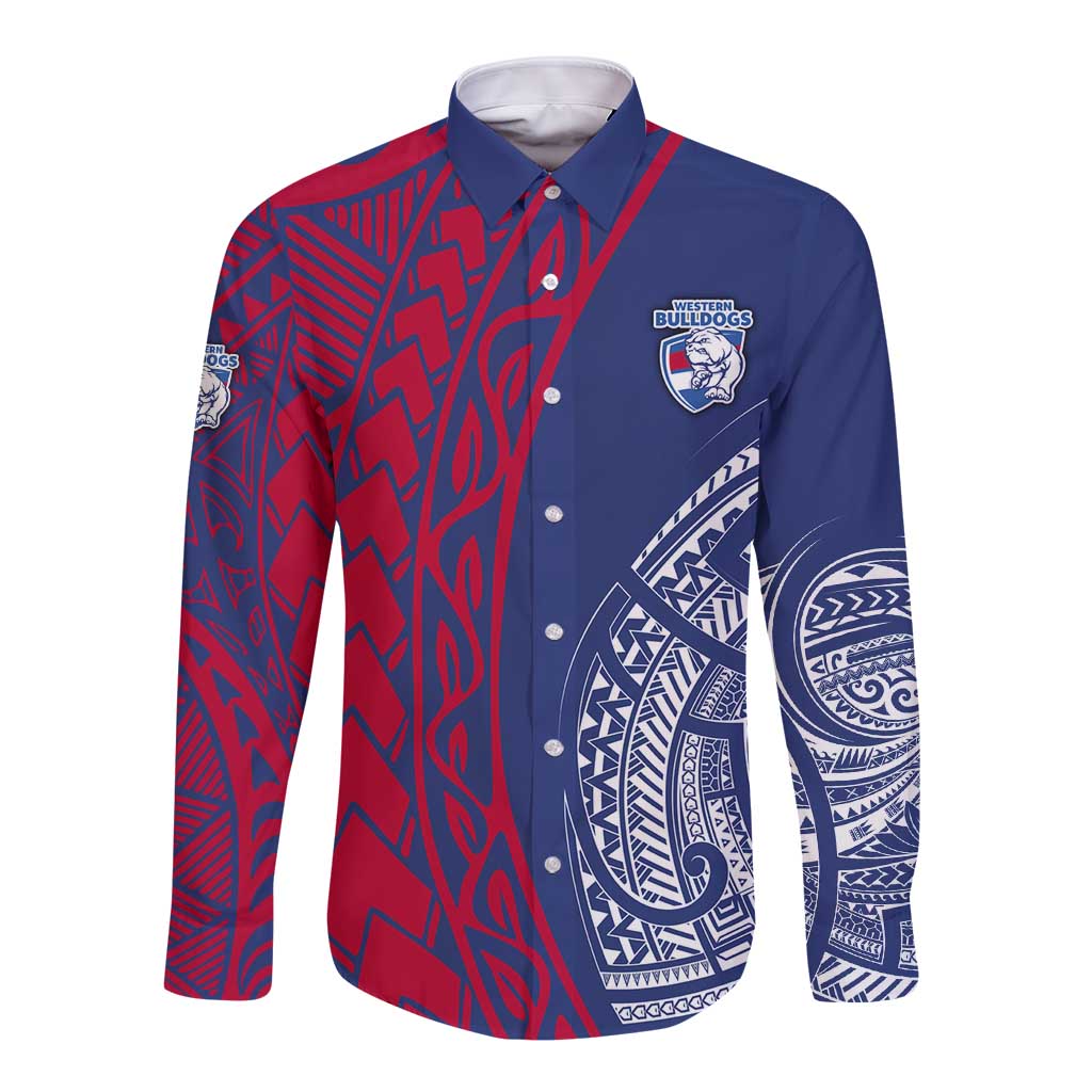 Personalised Western Bulldogs Mascot Long Sleeve Button Shirt Polynesian Tribal Pattern Bold Bulldog Football