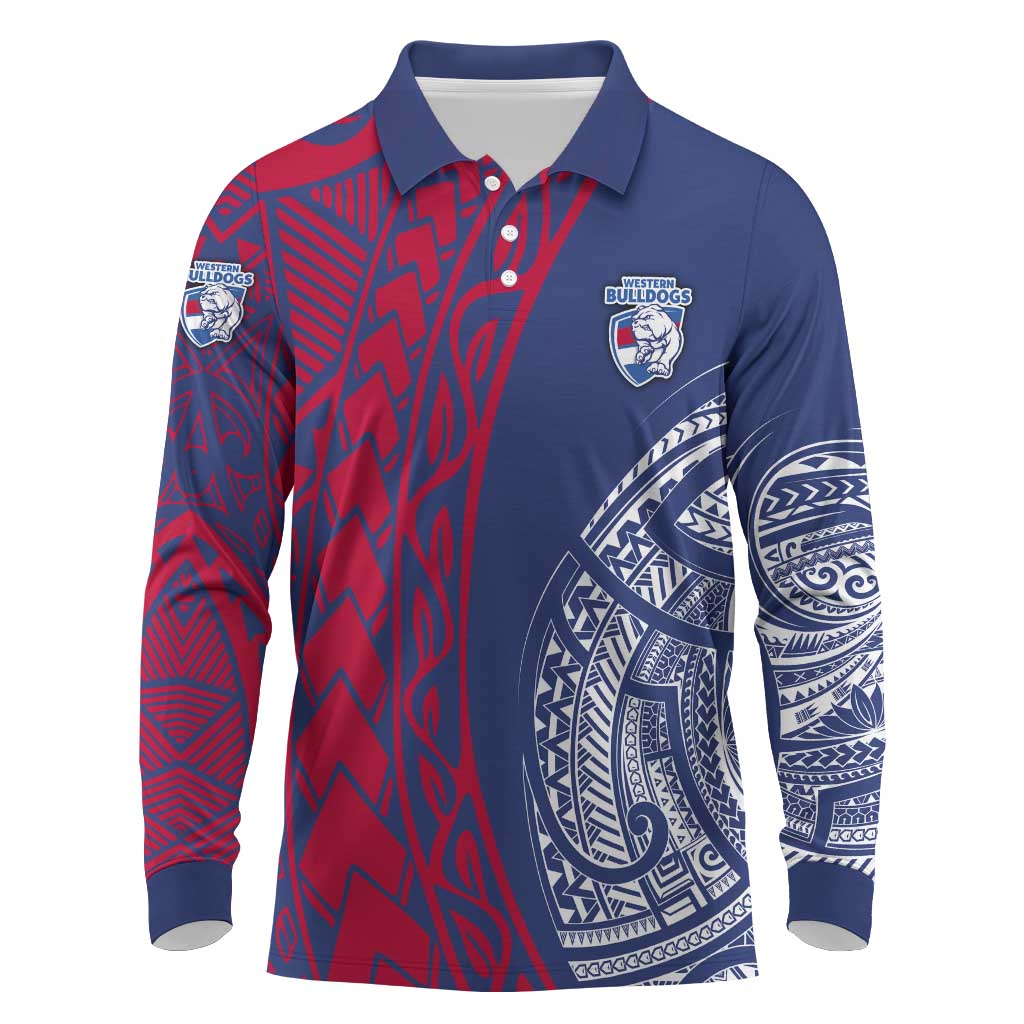 Personalised Western Bulldogs Mascot Long Sleeve Polo Shirt Polynesian Tribal Pattern Bold Bulldog Football