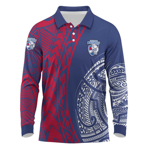 Personalised Western Bulldogs Mascot Long Sleeve Polo Shirt Polynesian Tribal Pattern Bold Bulldog Football