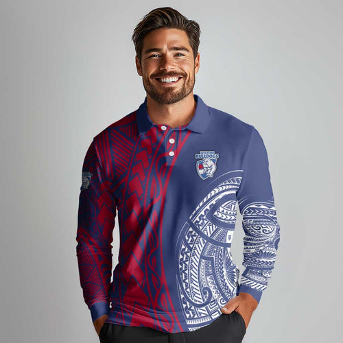Personalised Western Bulldogs Mascot Long Sleeve Polo Shirt Polynesian Tribal Pattern Bold Bulldog Football